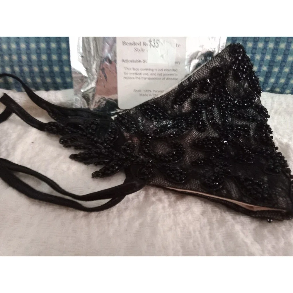 Andrea & Leo Couture Costume Face Mask Black Lace Beadwork Exterior Satin Lining